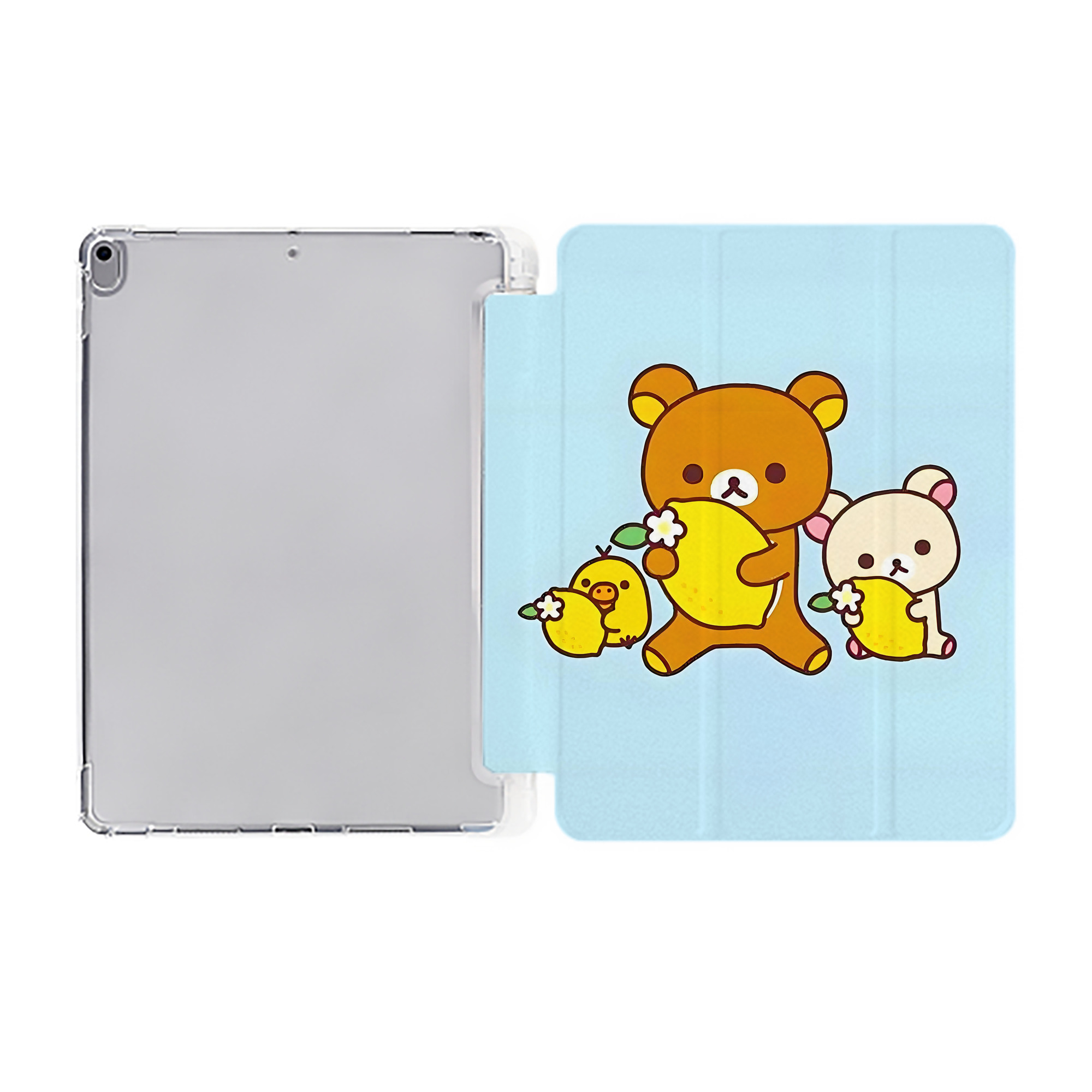 （画像用） リラックマ リラックマ キイロイトリ Rilakkuma Korilakkuma Kiiroitori IPad ケース ペン収納付き 三つ折りスタンド PUレザー×シリコン 対応機種9.5/10.5/10.9インチ